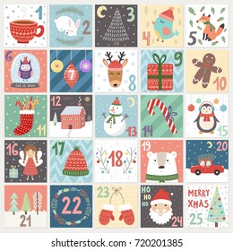 Christmas advent calendar. Winter holidays poster with cute rabbit, fox, owl, bear, deer and Santa. Vector illustration