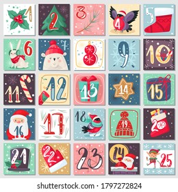 Christmas advent calendar. Winter festive poster with holiday animals rabbit, bear and santa, xmas decoration and numbers, december calendar vector cartoon template