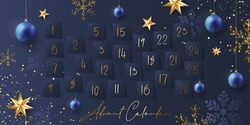 Christmas Advent Calendar With Winter Holiday Elements Gold Snowflake, Blue Balls, Stars, Gold Confetti. Merry Christmas. Luxury Template Layout For Menu, Card, Gift, Surprise. Elegant Design.