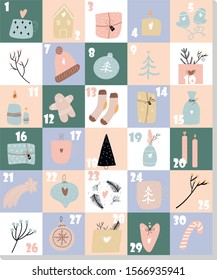 Christmas advent calendar with Winter Holiday Elements. sock, wreath, tree, greetings, gifts, candies. Merry Christmas
 Scandinavian style, hygge
Christmas funny poster. Vector hand drawn illustration