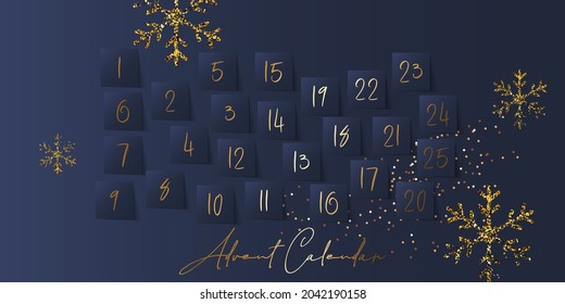 Christmas advent calendar with Winter Holiday Elements gold snowflake, blue balls, stars, gold confetti. Merry Christmas. Luxury template layout for menu, card, gift, surprise. Elegant design.