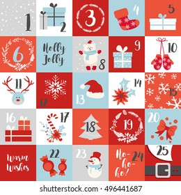 Christmas advent calendar with Winter Holiday Elements in Red, Green, White and Blue. Snowman, Snowflake, deer, mittens, sock, wreath, tree, greetings, gifts, candies. Merry Christmas