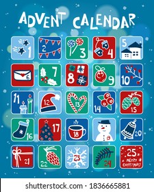 Christmas advent calendar. Winter holidays poster with surprise pockets