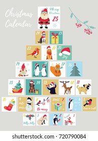 Christmas advent calendar. Winter holidays poster with cute animals and symbols