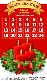 Christmas advent calendar with wreath and burning candles