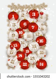Christmas advent calendar.New Year 2020 greeting card.Red, pearl white christmas balls with number of the day of december, fir branches, 3d stars,confetti, serpentine on the white background. Vector.