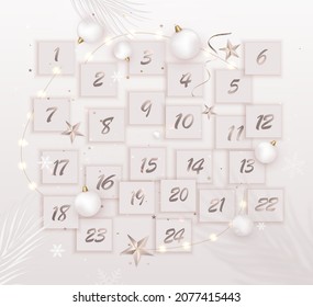 Christmas advent calendar.New Year. Paper sheets with number of calendar days of December, confetti, decorations on a white.  