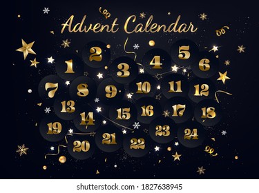 Christmas advent calendar.Black background with numbers of the day of december, confetti, decorations. New Year 2021.Vector