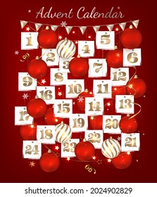 Christmas advent calendar.Paper sheets with number of the day of december, balls, garland decorations on a red. New Year card.