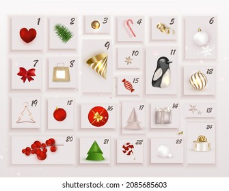 Christmas advent calendar.Paper sheets with number of the day of december, with holidays decorations. New Year card.