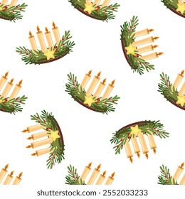 Christmas advent candles seamless pattern with greenery, berries, and star illustration