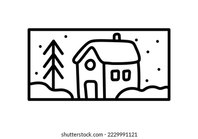 Christmas advent composition house and fir tree in snow. Hand drawn winter holiday vector constructor logo in rectangle frame for greeting card, web design.