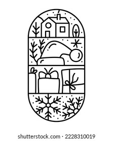 Christmas advent composition snow, gift boxes, hat, house and trees. Hand drawn winter vector constructor logo in two half round frame and rectangles for greeting card.