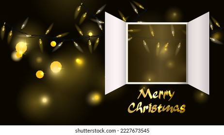 
Christmas advent door opening. Realistic an open wide doors with gold light bulb garlandon black background. Template to reveal message. Merry Christmas poster concept. Festive vector illustration