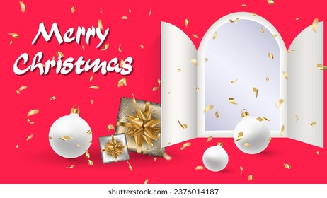 Christmas advent door opening. Realistic an open wide doors with white with gold ribbon gift surprise on red. Template to reveal message. Merry Christmas poster concept. Festive vector illustration