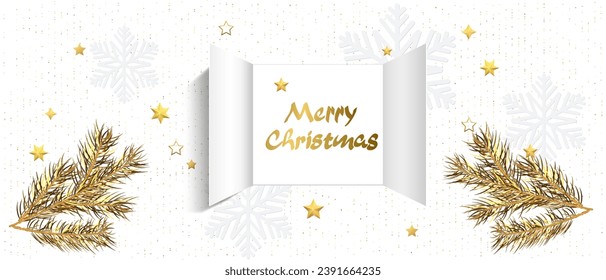 Christmas advent door opening. Realistic an open wide doors with golden letters, golden Christmas tree branch on white. Template for Christmas posters, headers, seasonal wallpaper. Vector illustration