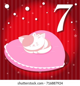 Christmas advent holiday calendar banner. Cute cat on red gradient background with stars. Cartoon style. Vector illustration