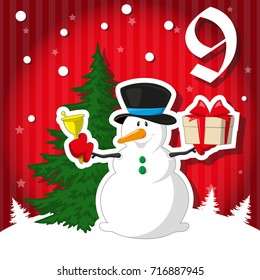 Christmas advent holiday calendar banner. Cute snowman with gift box, snowflakes on red gradient background with stars. Cartoon style. Vector illustration