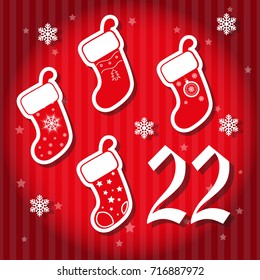 Christmas advent holiday calendar banner.  Gift socks on red gradient background with stars. Cartoon style. Vector illustration