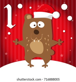 Christmas advent holiday calendar banner. Cute bear in Santa Claus hat, snowflakes on red gradient background with stars. Cartoon style. Vector illustration