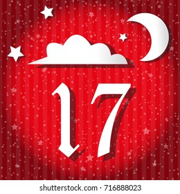 Christmas advent holiday calendar banner. Big cloud, moon, stars, snowflakes on red gradient background with stars. Cartoon style. Vector illustration