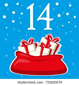 Christmas advent holiday calendar banner.  Santa Claus big red bag with gifts box, snowflakes on background with stars. Cartoon style. Vector illustration