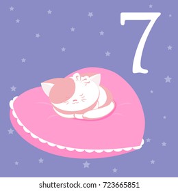 Christmas advent holiday calendar banner. Cute cat sleep on a pillow in the shape of a heart on background with stars. Cartoon style. Vector illustration