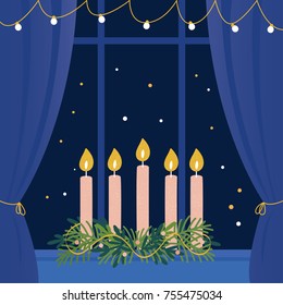 Christmas Advent Wreath With Candles On Window Sill