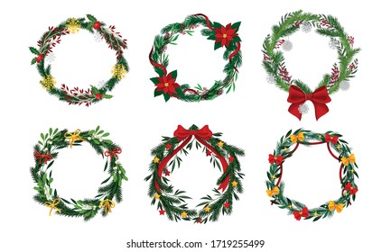 Christmas or Advent Wreaths with Entangled Fir Tree Branches and Decorative Bows and Ribbons Vector Set