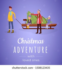 Christmas adventure flat banner vector template. Happy family, smiling parents with little kids buying fir tree cartoon characters. New year, xmas greeting card concept with flat illustration