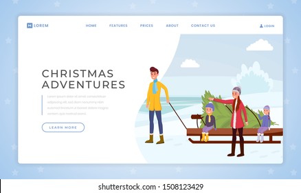 Christmas adventure landing page vector template. Winter tradition website homepage interface idea with flat illustrations. Family buying fir tree, happy new year, xmas web banner cartoon concept