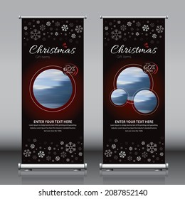 Christmas advertisement roll up banner design with red color concept, snowflakes artwork and images. Editable vertical template vector set, modern standee and flag banner