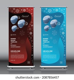 Christmas advertisement roll up vertical standee banner design with red and blue color concept, snowflakes artwork and 3 images. X-banner, j-flag