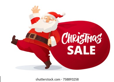 Christmas advertising design. Funny cartoon Santa Claus with huge red bag with presents. Christmas sale hand drawn text. Great for New Year promotion banners, headers, posters, stickers and labels.