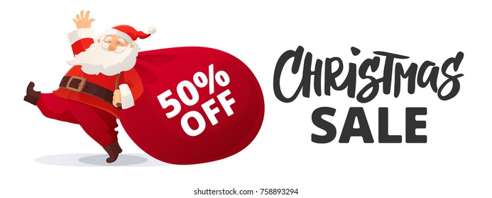 Christmas advertising design. Funny cartoon Santa Claus with huge red bag with presents. Christmas sale hand drawn text. Great for New Year promotion banners, headers, posters, stickers and labels.