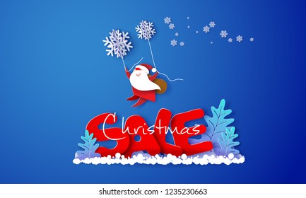 Christmas advertising design. Santa Claus flying with snowflakes over big letters SALE on blue. Vector paper cut art illustration for promotion banners, headers, posters, stickers and labels