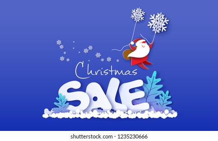 Christmas advertising design. Santa Claus flying with snowflakes over big letters SALE on blue. Vector paper cut art illustration for promotion banners, headers, posters, stickers and labels