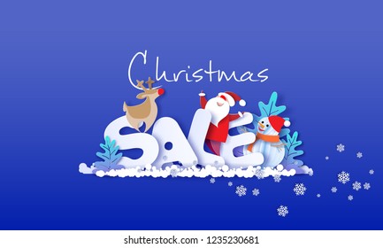 Christmas advertising design. Santa Claus, Snowman, Reindeer over big letters SALE on blue. Vector paper cut art illustration for promotion banners, headers, posters, stickers and labels