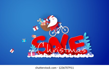 Diseño publicitario de Navidad. Santa Claus con boxex regalo montando una bicicleta sobre letras grandes VENTA sobre fondo azul. Ilustración artística de papel vectorial para banners de promoción, encabezados, carteles, pegatinas