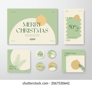 Christmas Advertising Trendy Editable Templates Set. Pine Branch, Bauble, Typography for Social Networks Stories Highlights and Posts Backgrounds. Boho Social Media Holiday Greeting Cards or Banners.