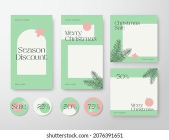 Christmas Advertising Trendy Editable Templates Set. Pine Branches and Typography for Social Networks Stories Highlights and Posts Backgrounds. Boho Social Media Holiday Greeting Cards or Banners.