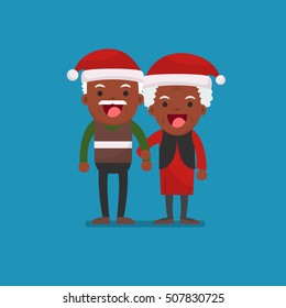 Christmas, African american people - Retired elderly senior age couple in creative flat vector character design | Grandpa and grandma standing full length smiling