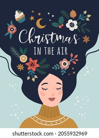 La tarjeta de felicitación Christmas In The Air. Ilustración de dibujos animados de moda de estilo plano con una joven mujer bonita con un suéter acogedor y decoración navideña en su cabello. Aislado sobre fondo azul claro