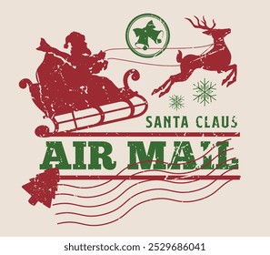 Christmas air mail vintage flyer colorful Santa Claus in sleigh delivering gifts to children on New Year eve vector illustration