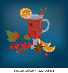 Christmas alcoholic drink mulled wine in a beautiful glass with cinnamon and oranges, next to it lies a sprig with viburnum berries and orange slices and fragrant star anise spice on a blue background