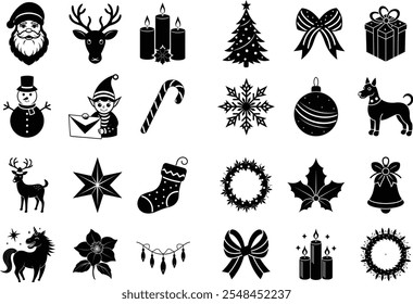 Christmas all vector elements icon, Christmas tree, snowman, giftbox, Christmas deer , unicorn, holly belly leaf, candle, Santa socks, lights, star, candy,  bell