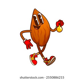 Navidades de nuez de almendra carácter groovy alegremente sosteniendo chuchería brillante. Personaje de comida animada de Vector de dibujos animados aislado vestido con zapatillas de deporte rojas brillantes y guantes que encarnan el espíritu festivo de la temporada navideña