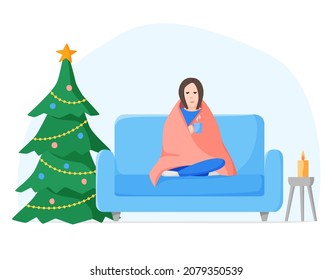 Christmas alone, celebrating at home in isolation. Winter holidays without family and friends. Lonely woman wrapped blanket on sofa with cup. Flat vector illustration