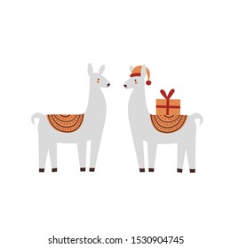 Christmas alpaca character isolated. Cute llamain cartoon flat style. Vector illustration of lama animal. 