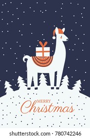 Christmas alpaca character. Winter season greeting card with a cute llama. New Year animal drawing. Colorful cartoon background. Vector illustration. 